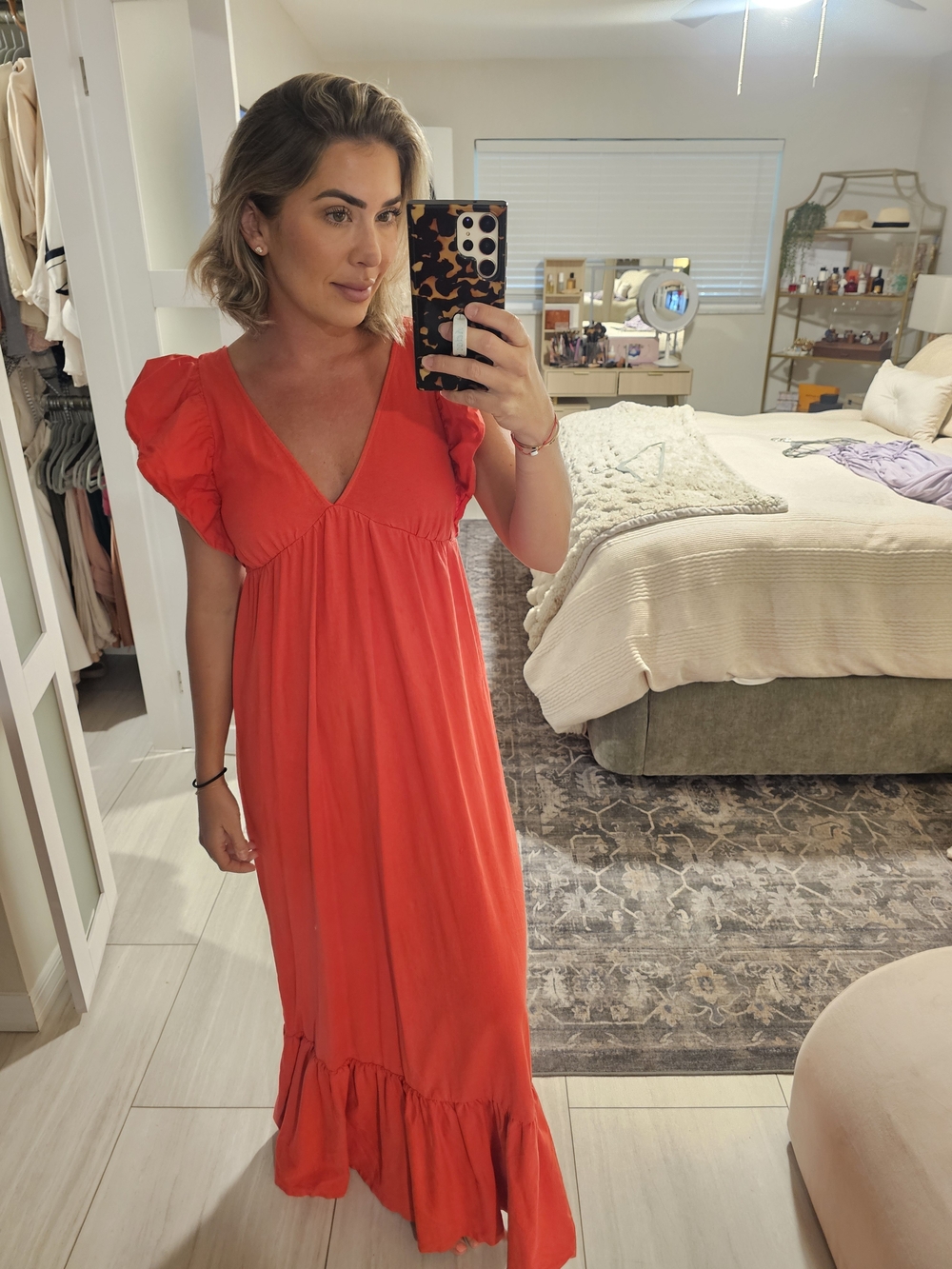 Miss Selfridge Women’s Red V-Neck Ruffle Sleeve Maxi Dress